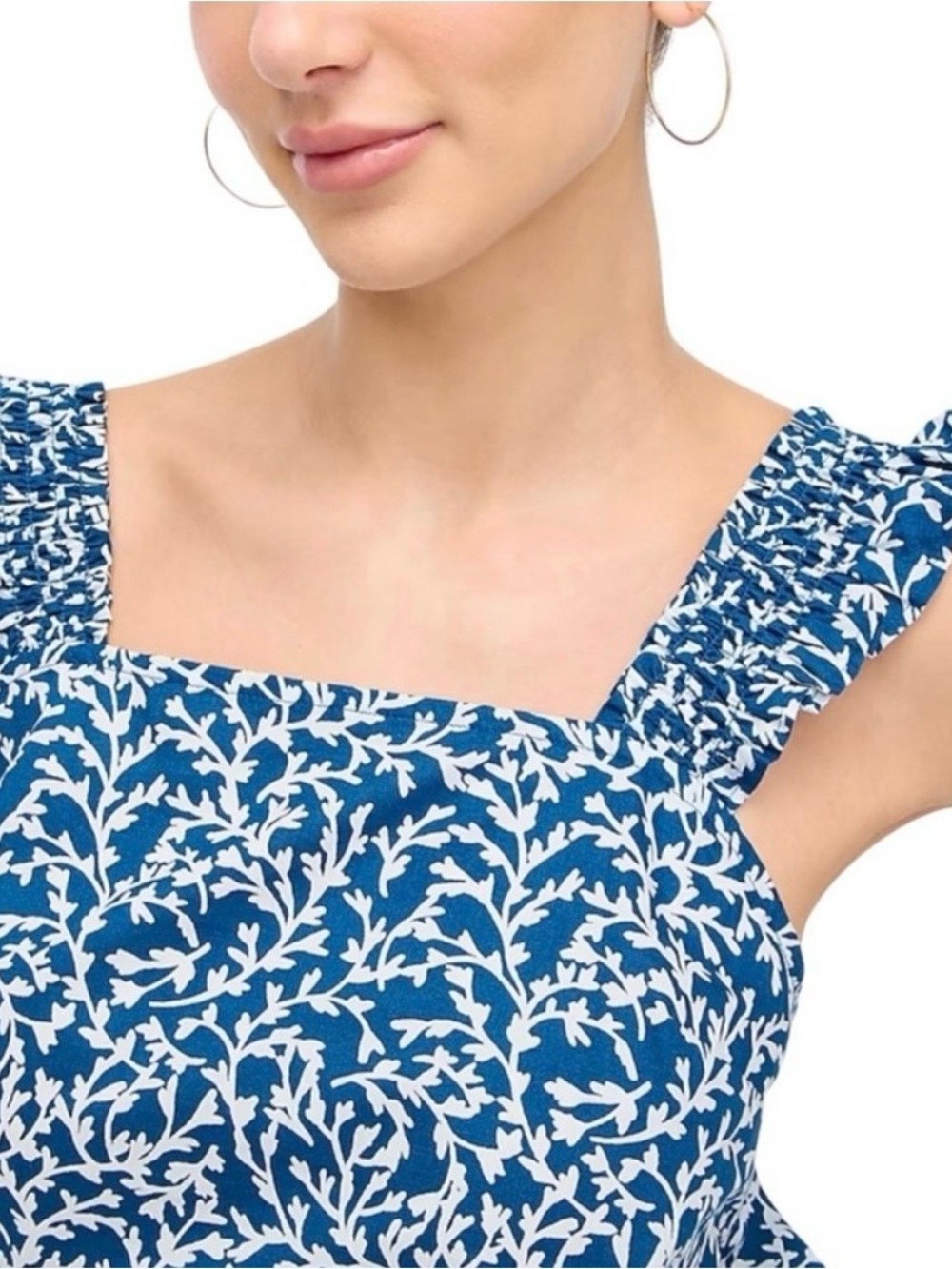 J.Crew - Beautiful Seaport Blue - Floral Shoulder Ruffle - Tank Top - Size Large